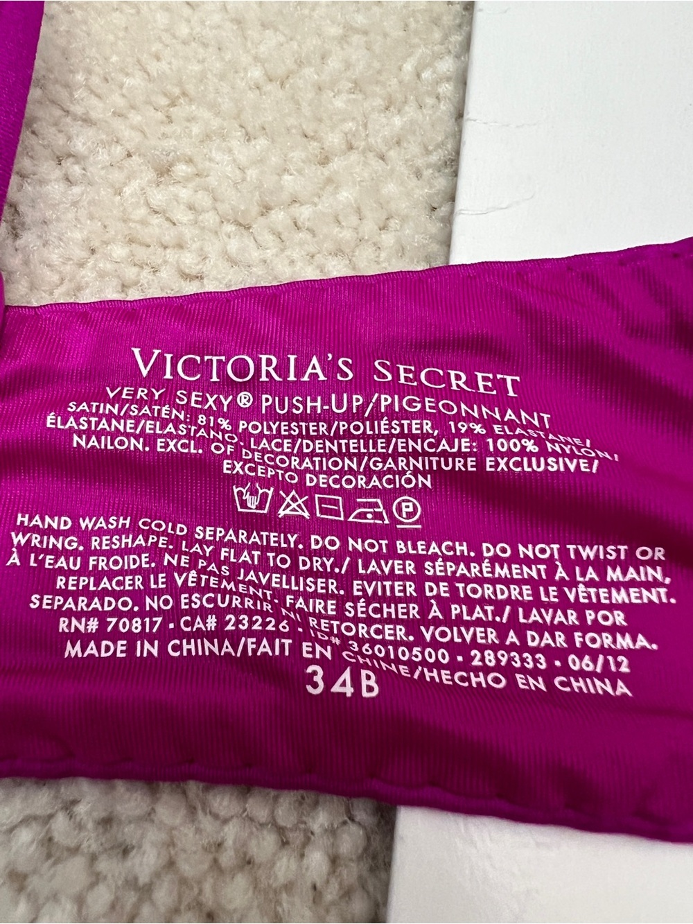 Victoria’s Secret Very Sexy Magenta Satin & Lace Gel Padded Push Up Bra 34B 2012 - Picture 5 of 5